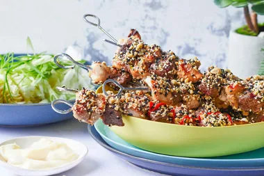 Chicken and kangaroo skewers with garlic sauce