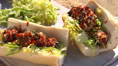 Chicken and Kangaroo skewers with Baguette and garlic sauce