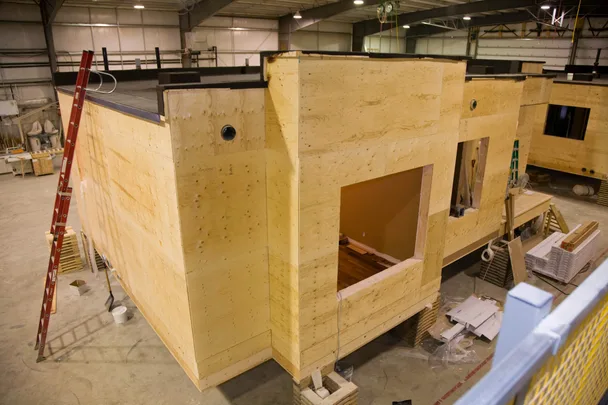 A wooden modular home construction