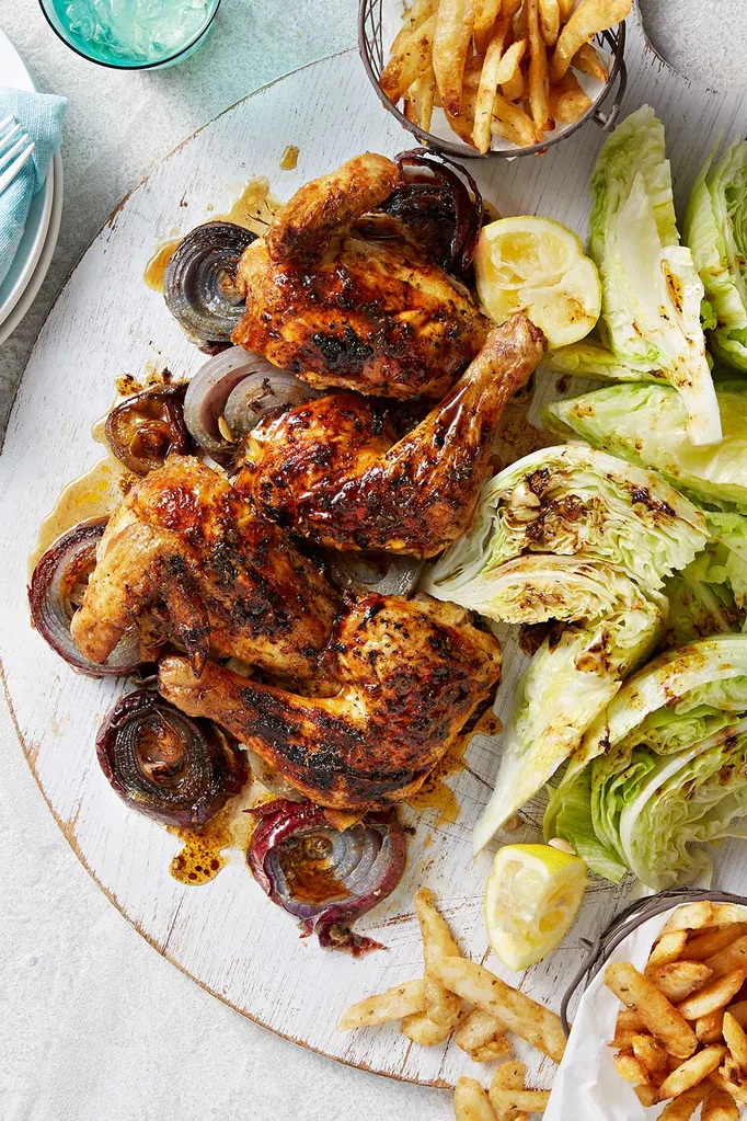 barbecue chicken with a side of iceberg lettuce