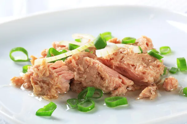 Tuna salad with spring onion on a white plate