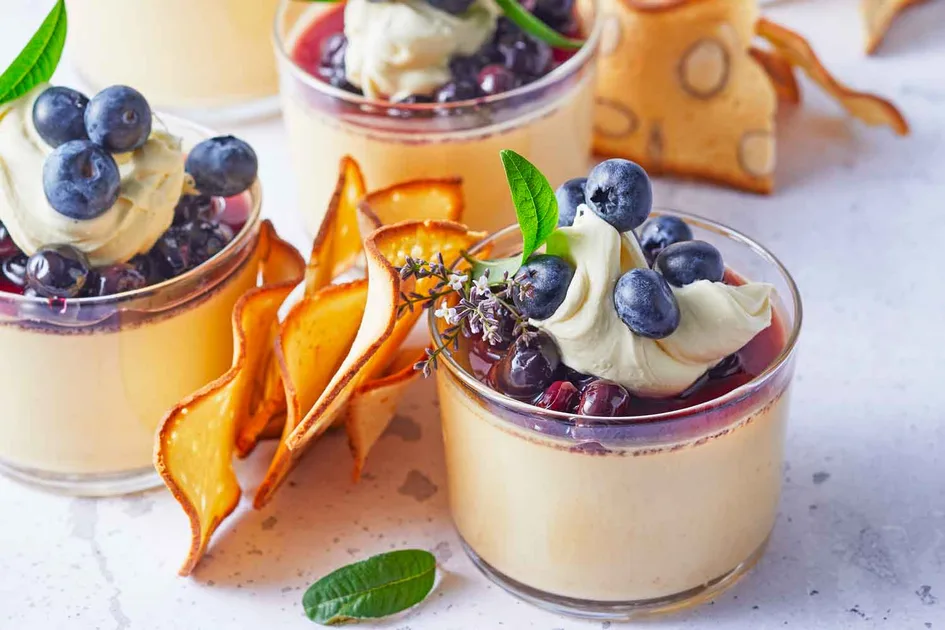 Baked sweet corn and lemon verbena custard with blueberry compote Recipe | Better Homes & Gardens Au