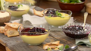 BAKED SWEET CORN AND LEMON CUSTARD WITH BLUEBERRY COMPOTE