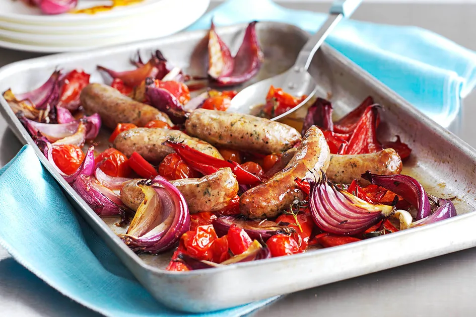 Balsamic roasted sausages with red vegetables Recipe - Better Homes & Gardens Australia