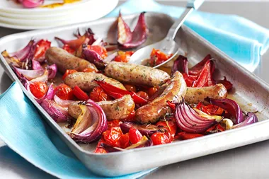 Balsamic roasted sausages with red vegetables