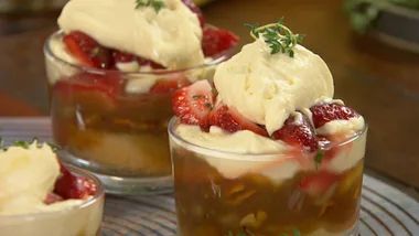 Caramelised banana and strawberry dessert cups with butterscotch and mascarpone