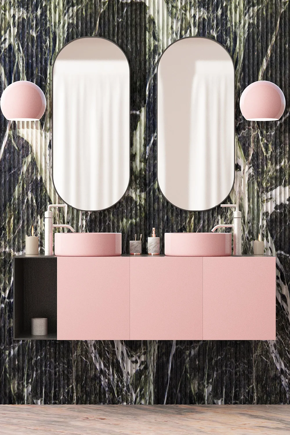 bathroom with pink cabinets