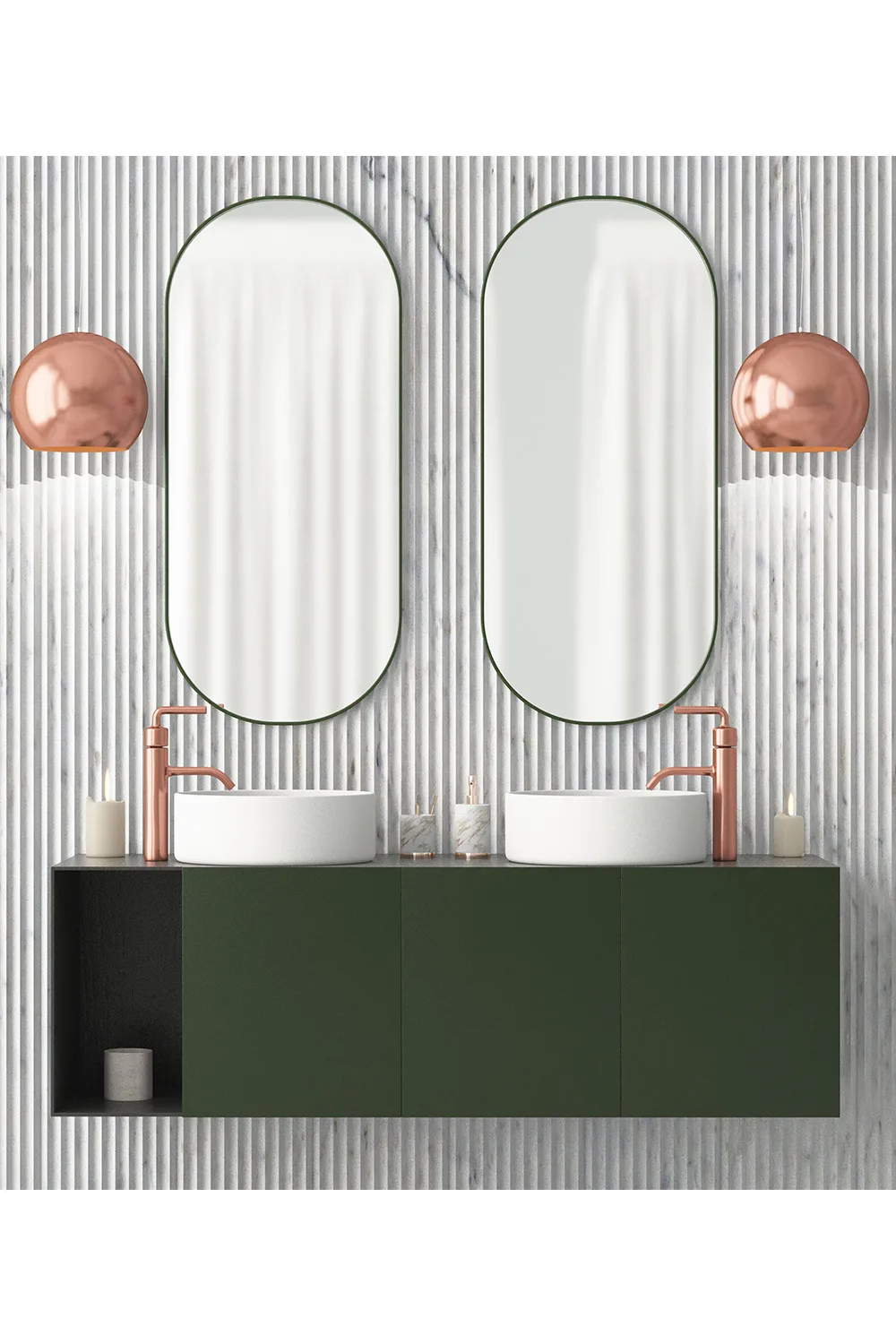 bathroom with green cabinets