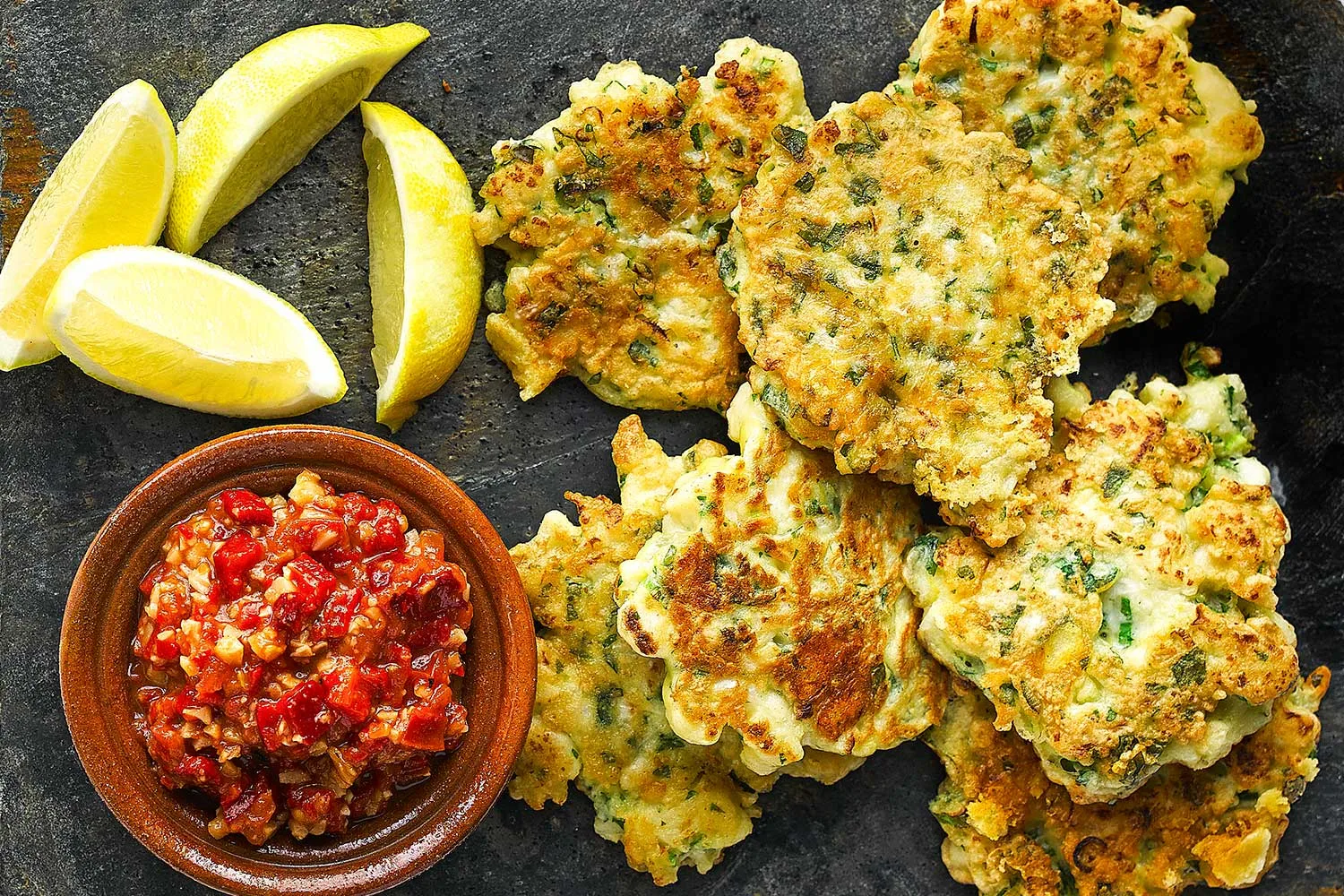 Cauliflower and manchego fritters with romesco relish