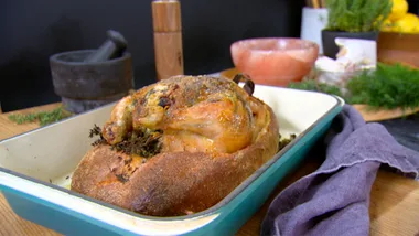 Roast chicken on a bed of garlic bread