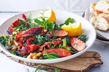 Warm salad of chorizo and summer greens
