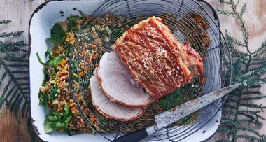 Fast Ed’s pork leg roast with garden style pearl barley