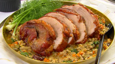 Pork leg roast with garden-style pearl barley