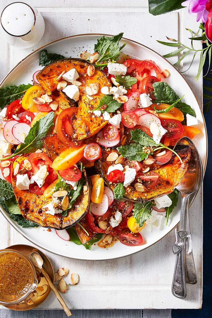 Roast pumpkin heirloom tomato and feta salad