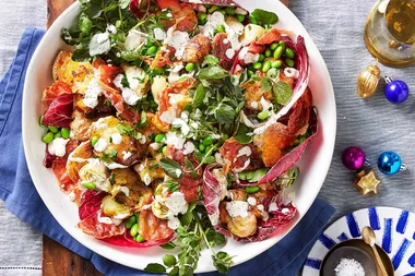 Warm smashed potato and radicchio salad with lemon aioli