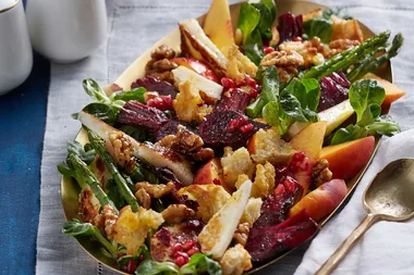 Beetroot, peach and toffee walnut fattoush