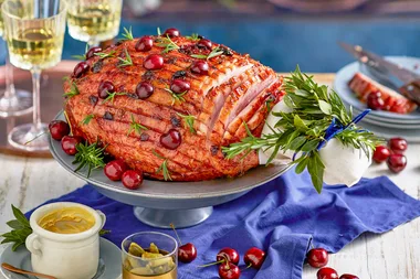 Cherry, spiced rum and rosemary glazed ham