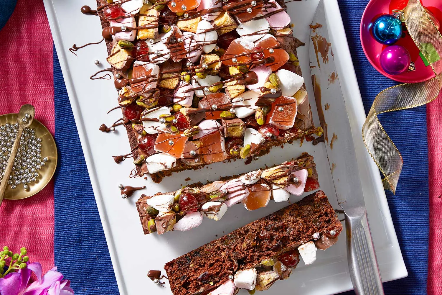 Chocolate Christmas pudding rocky road slice