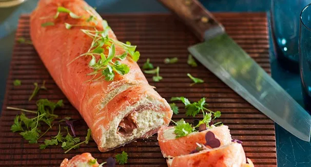 Smoked salmon and avocado roulade