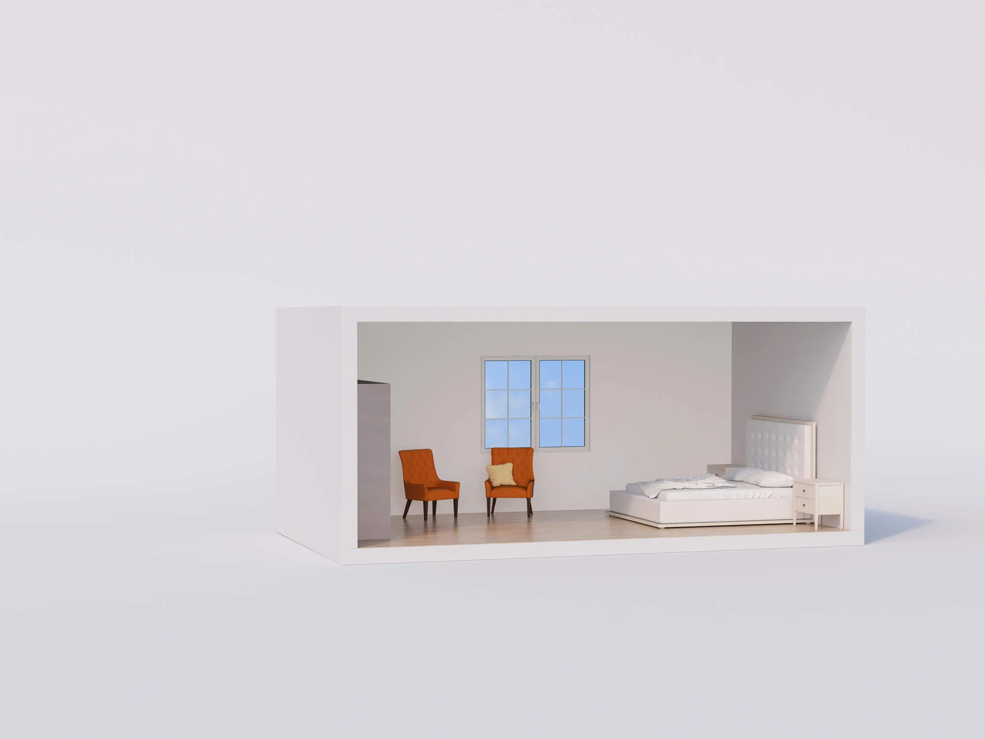 A model of a minimalist bedroom
