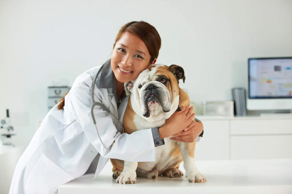 A vet hugging a bulldog
