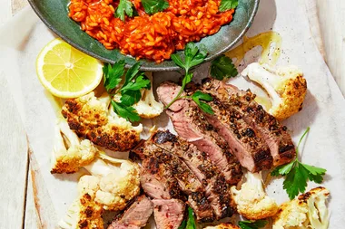 Caveman steak with charred cauliflower and tomato rice