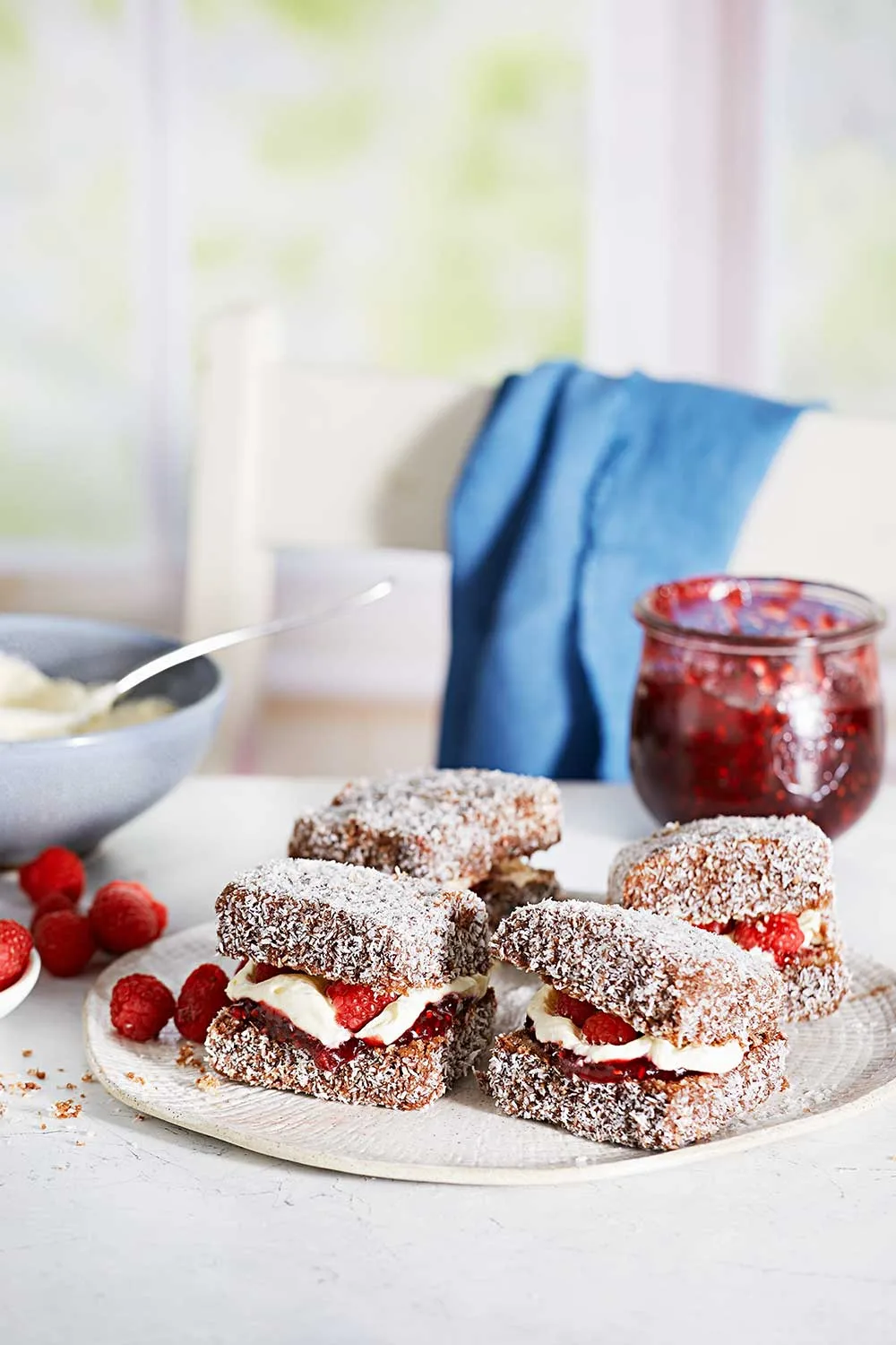 Raspberries and cream lamingtons