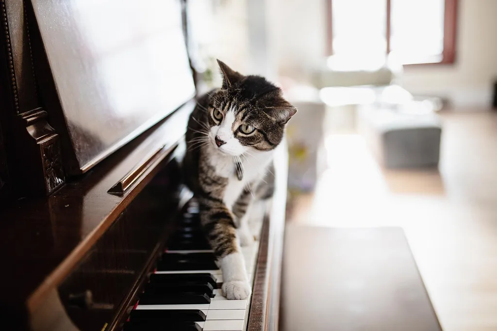 short haired cat on piano
