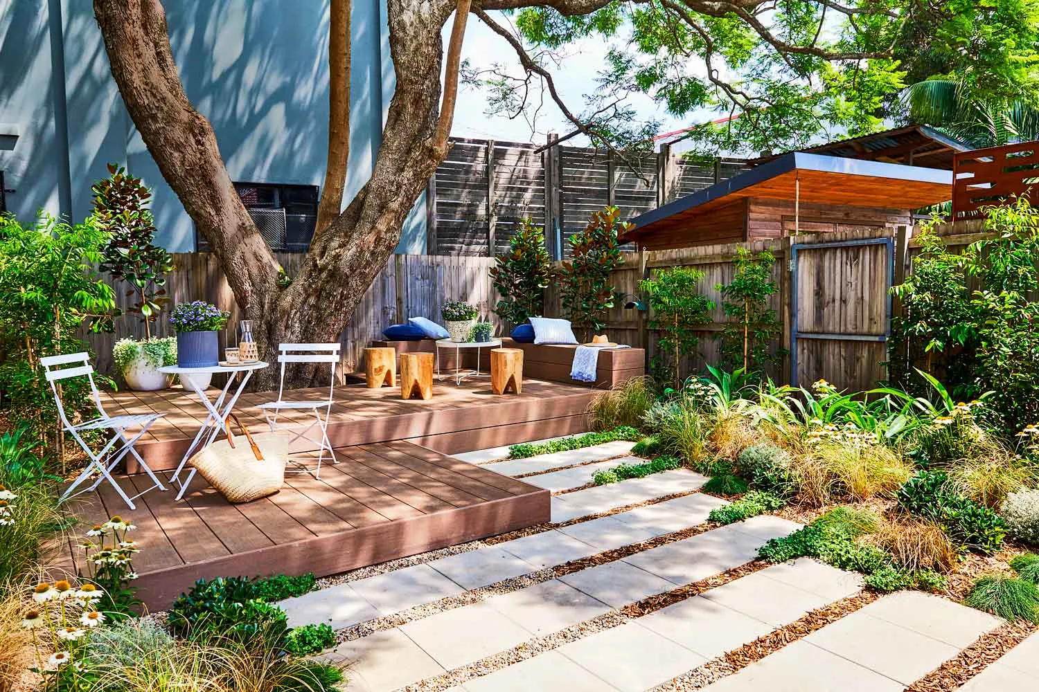 Stepped deck and paving stepping stones