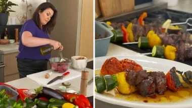Summer ratatouille with black pepper beef kebabs
