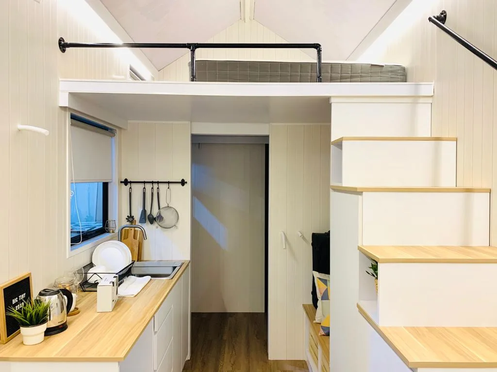 white and timber tiny home interior