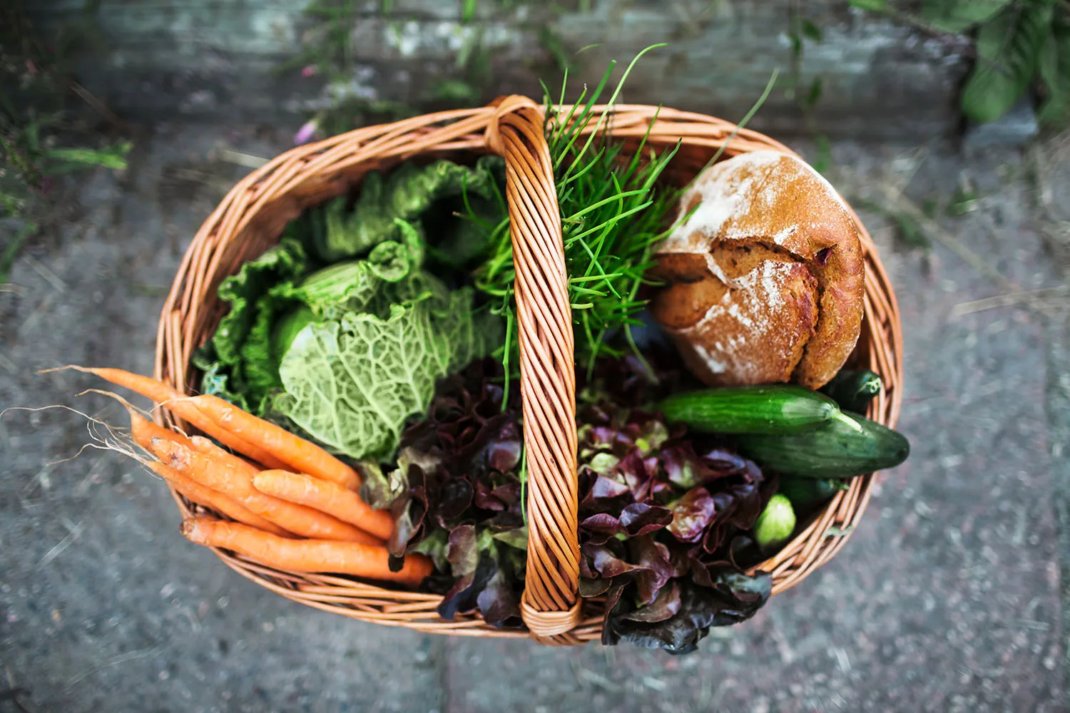 basket of vegetables and bread