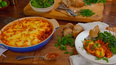 Fast Ed’s polenta, tomato and cheese traybake