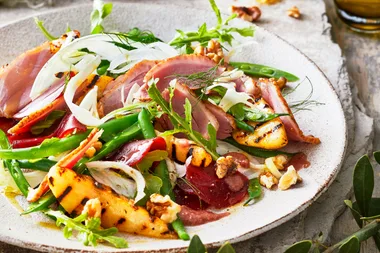 Smoked duck, walnut and grilled pear salad