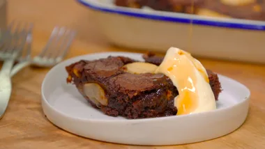 Pear, chocolate and hazelnut brownie slice