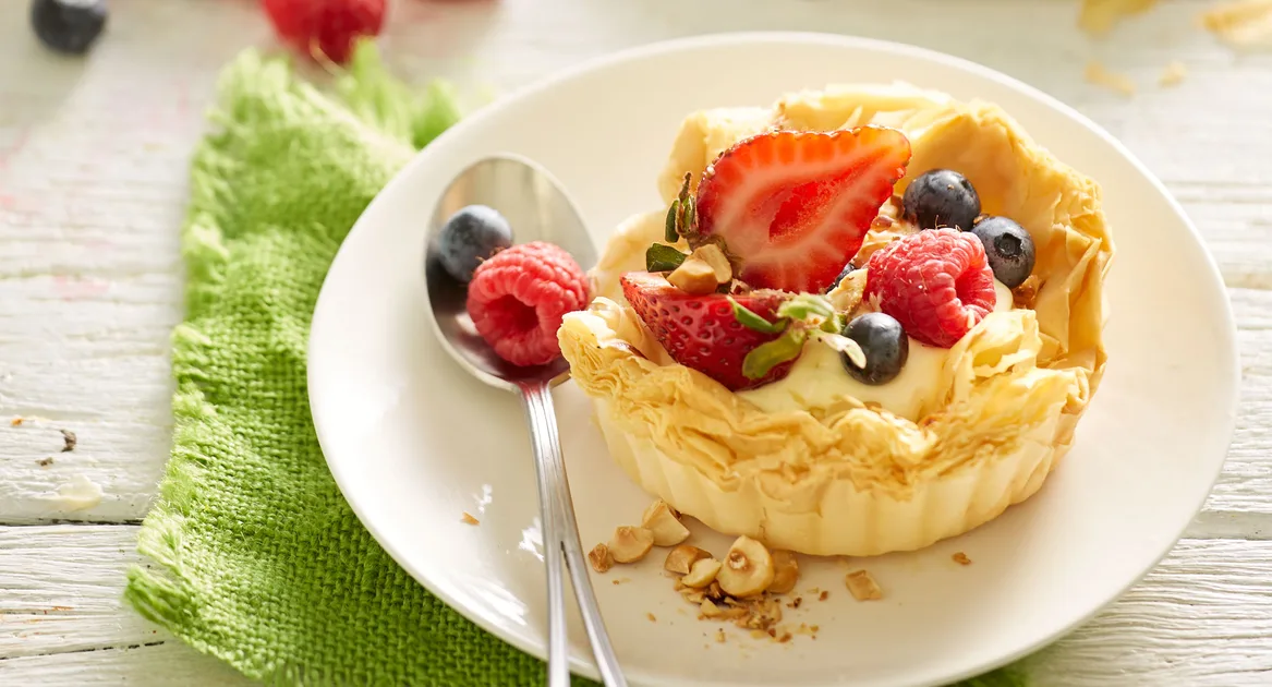 Cheesecake filo tartlets berries hazelnuts Recipe | Better Homes & Gardens Australia