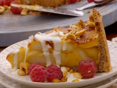 Belgian apple & hazelnut tart and Chestnut & herb-stuffed pork roll