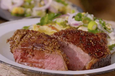 Seed-crusted striploin steak with egg salad