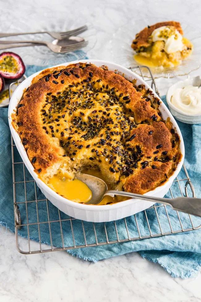 winter dessert butter pudding with passionfruit
