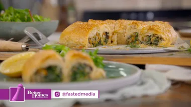 Spinach, cheese and winter vegetable pastry coil