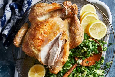 Drunken chicken with kibbled greens