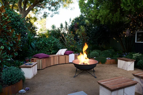 Backyard firepit with bench seats