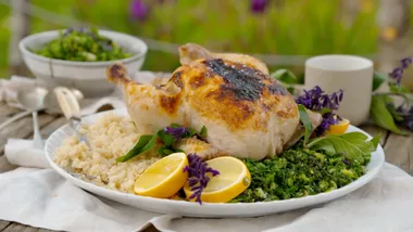 Drunken chicken with kibbled greens