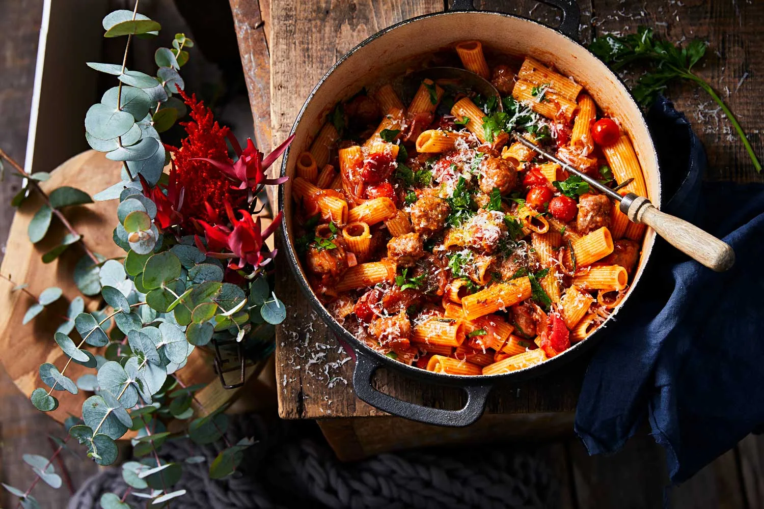 One-pot sausage, rosemary and caramelised onion rigatoni