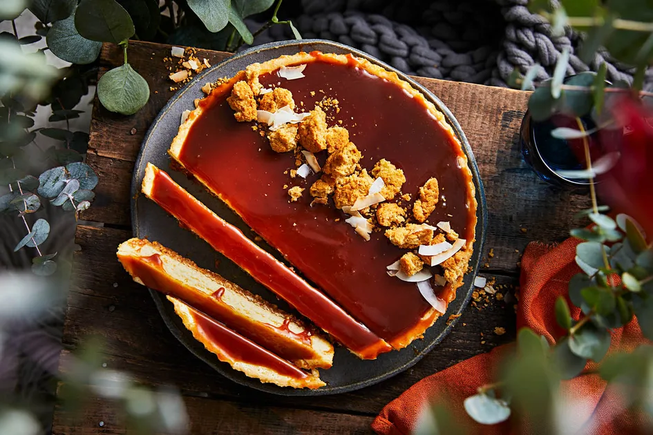 Baked caramel cheesecake tart with Anzac biscuit base Recipe | Better Homes & Gardens Australia