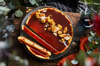 Baked caramel cheesecake tart with Anzac biscuit base