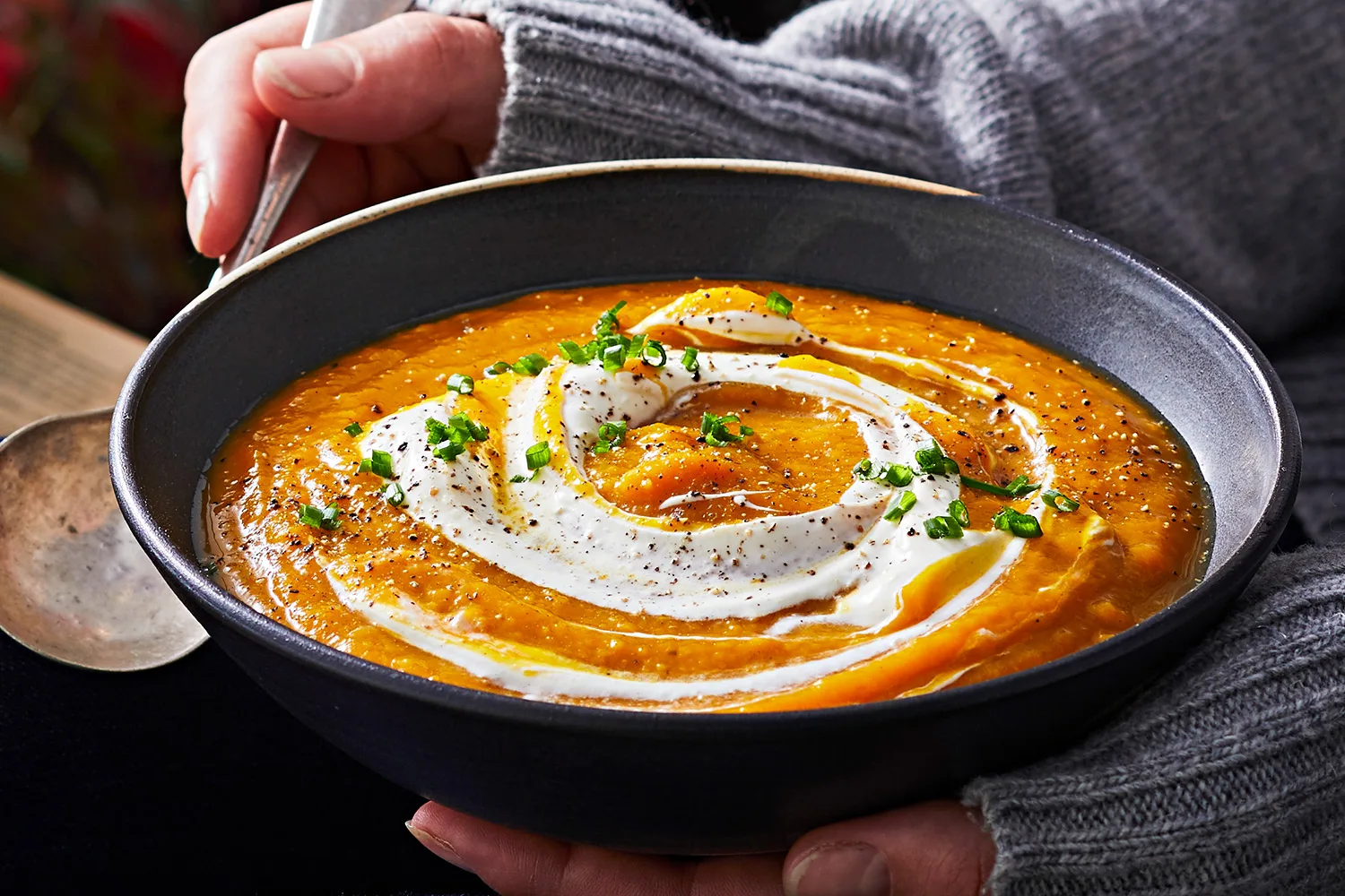 Roast pumpkin soup infused with honey and nutmeg