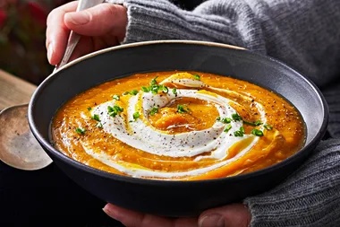 Roast pumpkin soup infused with honey and nutmeg