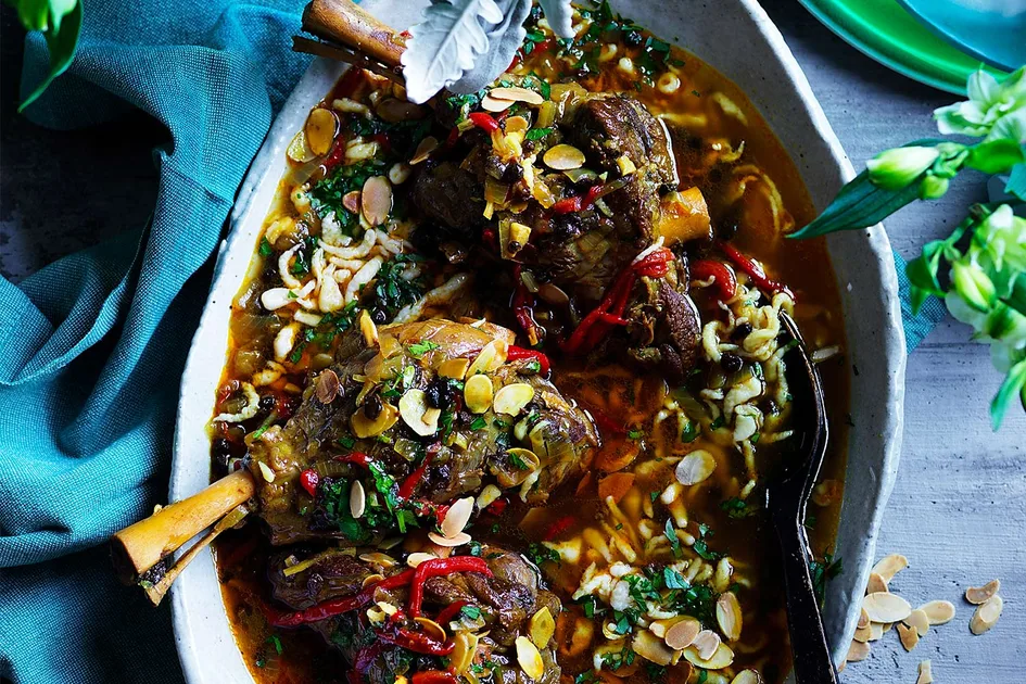 Lamb shanks with almonds, capsicums and homemade noodles Recipe | Better Homes & Gardens Australia