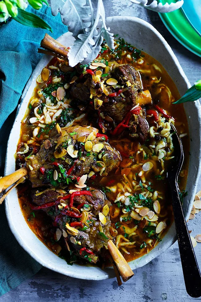 Lamb shanks with almond in white bowl